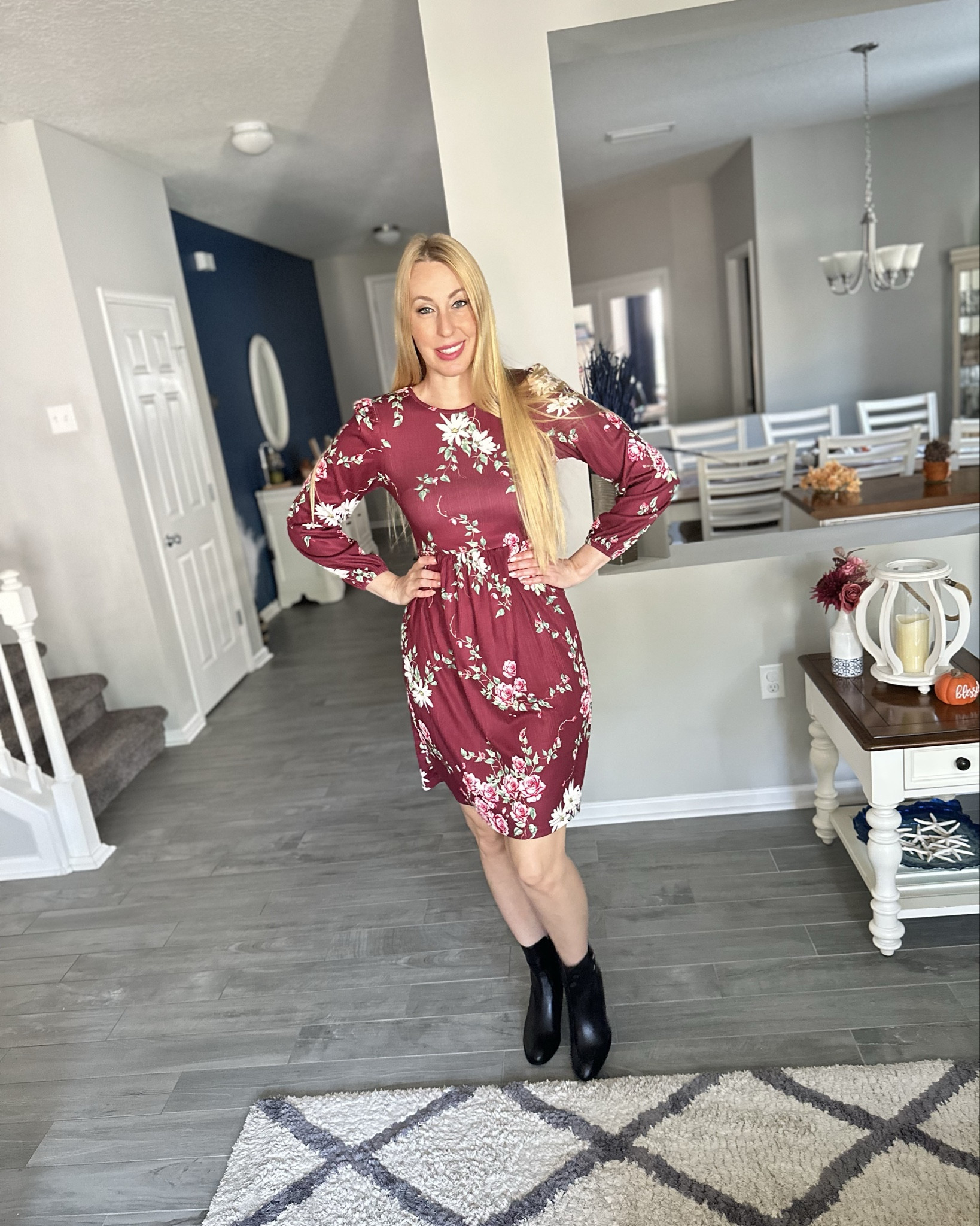 Fall floral dress in wine 
❤️ stretchy and so cute
❤️ fits true to size, wearing small

#LTKStyleTip #LTKFindsUnder100 #LTKFindsUnder50