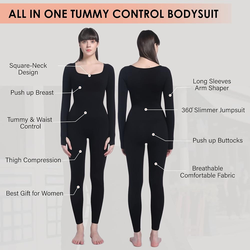 Soo slick Women Jumpsuit Square Neck Long Sleeve Ribbed Shapewear Clothing Tummy Control Workout ... | Amazon (US)