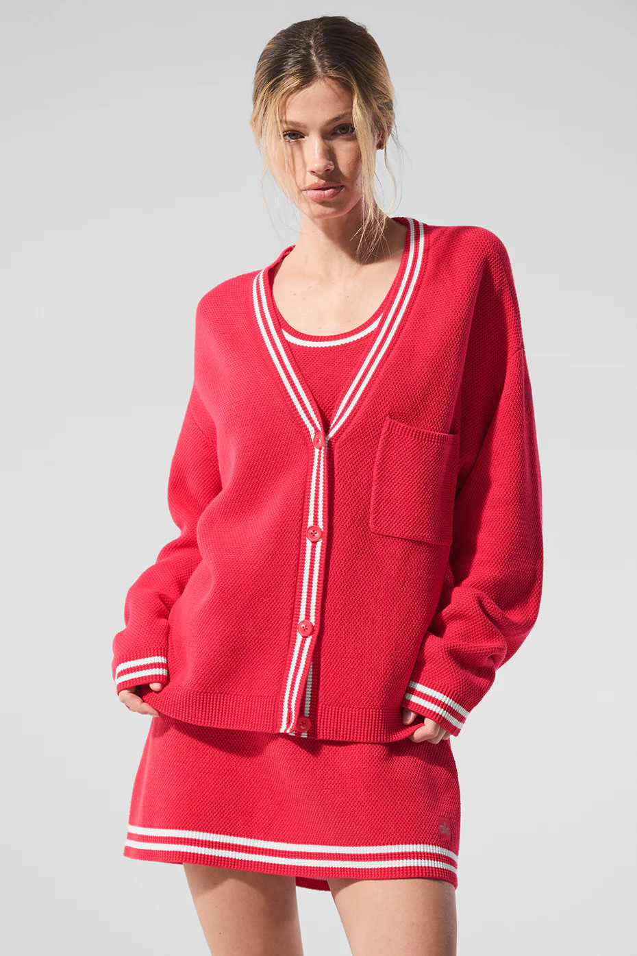 ALO | Tennis Club Sweater Knit Cardigan Top in Candy Red/White, Size: Large | Alo Yoga (US)