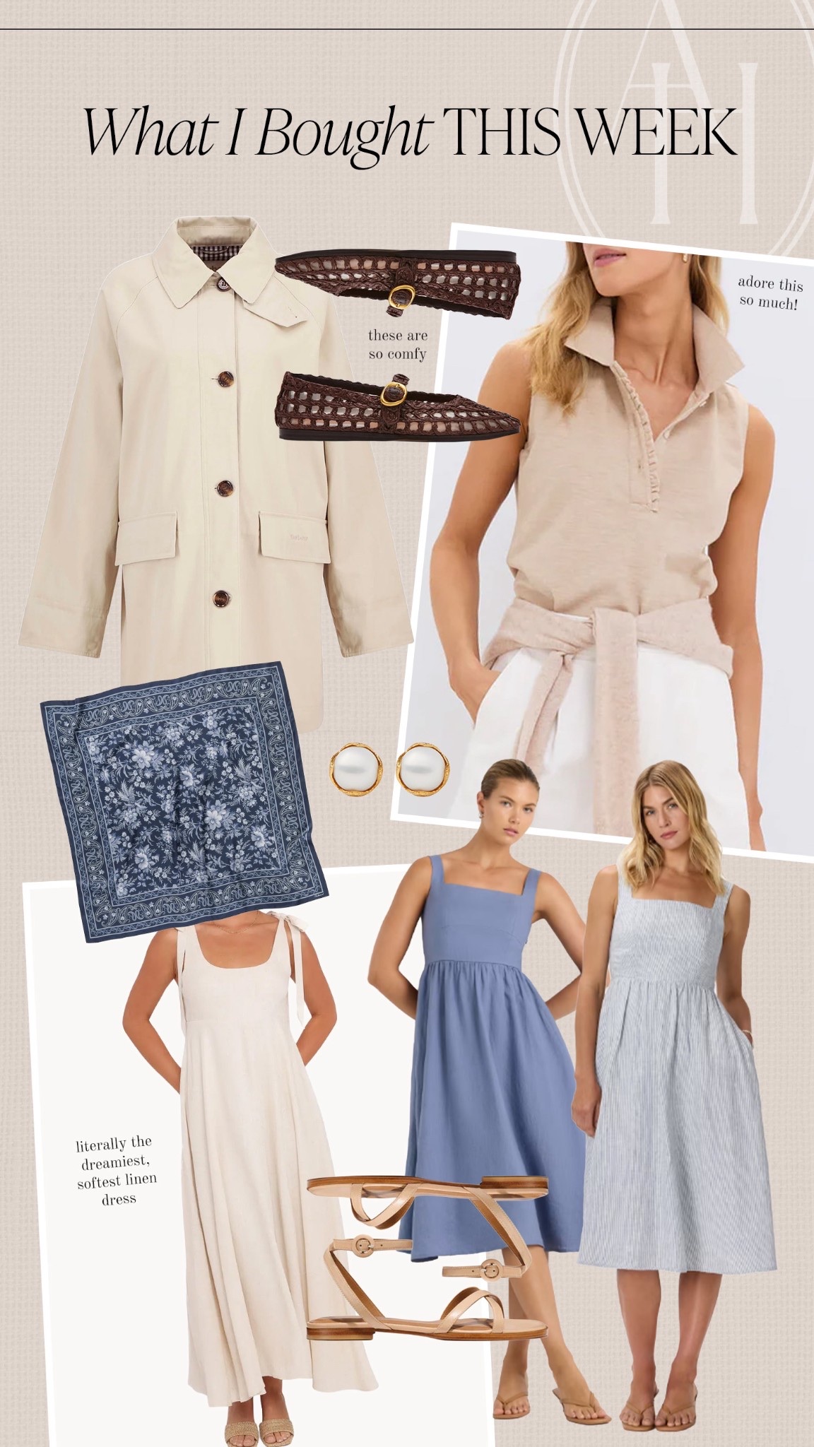 what I bought last week, Barbour rain coat, silk scarf, midi dress, polo top, pearl earrings 