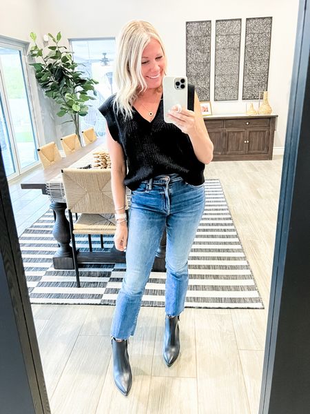 Love these mother jeans with a black sweater vest and black booties. Size small in the sweater vest 26 and the jeans and eight and the boots. Go up a half size in the boots if in between sizes. Fall outfit ideas fall shirts tops

#LTKshoecrush #LTKstyletip #LTKSeasonal