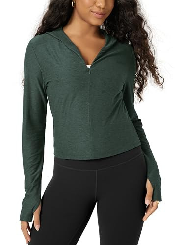 ODODOS Women's Slim Half-Zip Hoodie - Ultra Soft odSTRATUM Tech Pullover UPF 50+ Long Sleeve Crop Top with Thumb Hole, Aspen Heather, X-Small | Amazon (US)