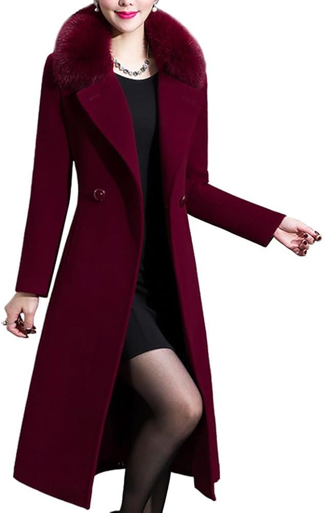 Aprsfn Women's Elegant Solid Color Mid-Length Thicken Warm Pea Coat with Fur Collar | Amazon (US)