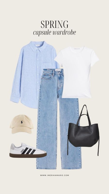 Spring capsule wardrobe. Spring outfit. Travel outfit. Vacation outfit. Jeans. Adidas samba. Ralph Lauren polo cap. Tote bag. Striped blue shirt.

#LTKfindsunder100 #LTKstyletip #LTKSeasonal