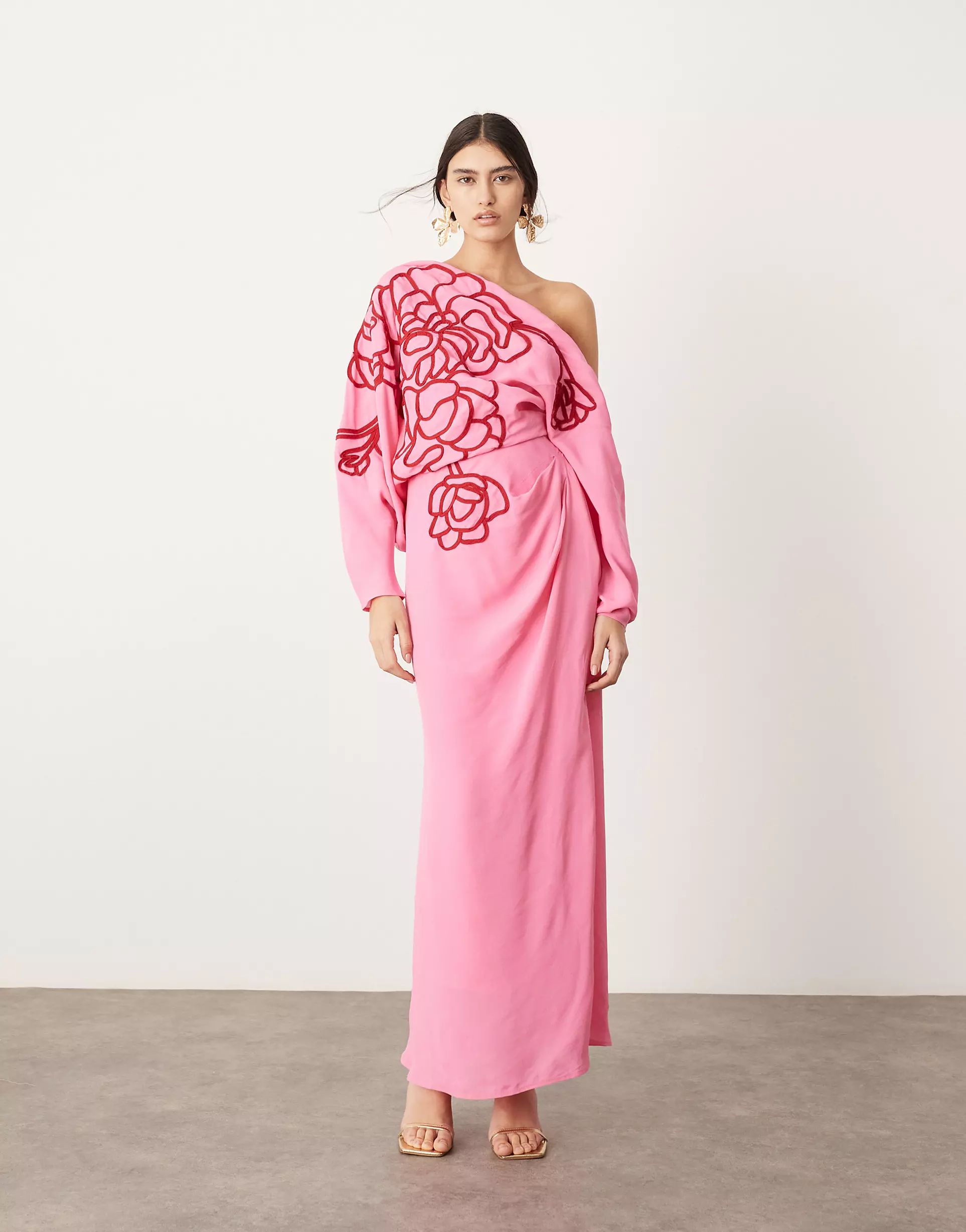 ASOS EDITION linear embroidered floral slouchy shoulder drape midi dress in pink | ASOS | ASOS (Global)