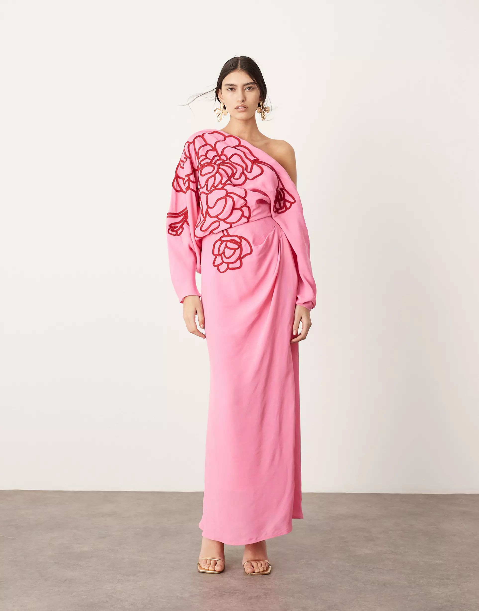 ASOS EDITION linear embroidered floral slouchy shoulder drape midi dress in pink | ASOS | ASOS (Global)
