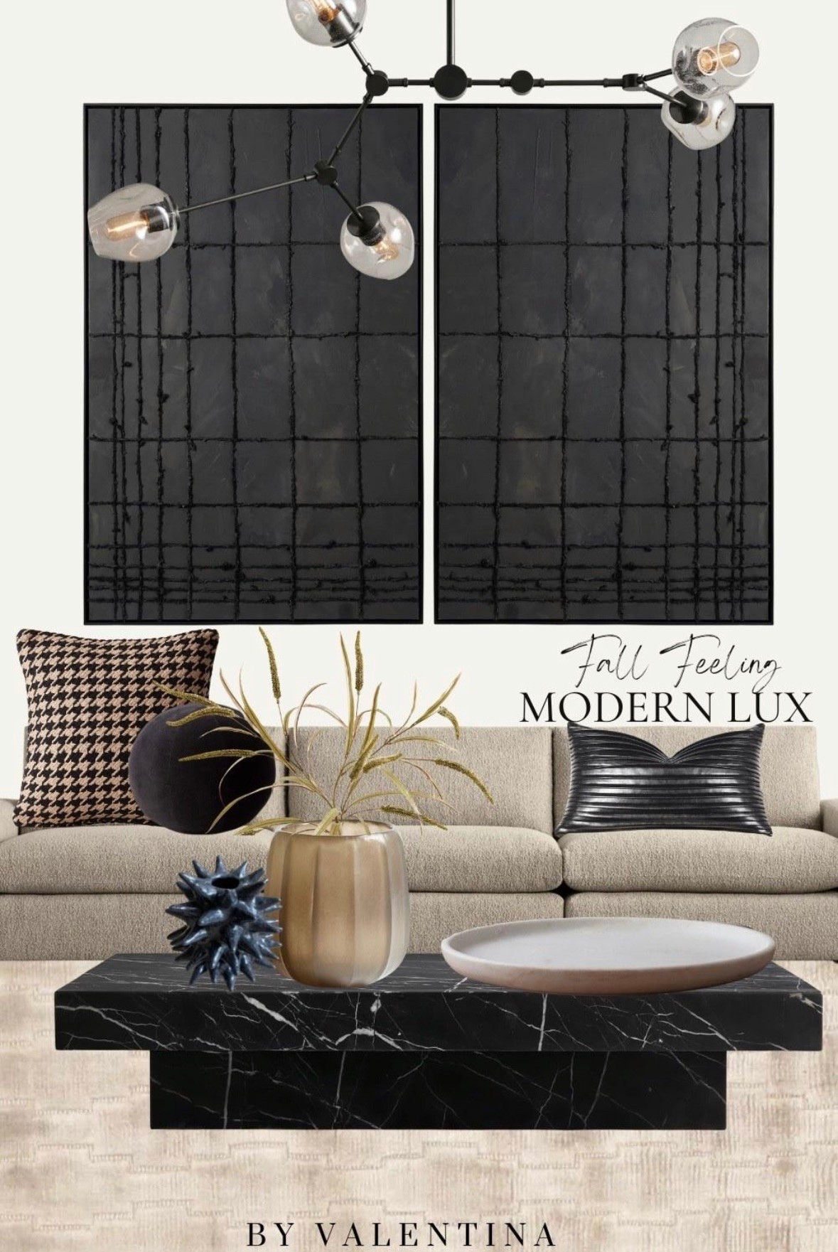 This mood board is giving all the *fall feels* with a modern, luxurious edge! I love how the rich black marble coffee table and bold grid artwork instantly ground the space, while the soft neutral sofa and textured pillows balance it out with warmth and coziness. The mix of houndstooth, leather, and metallic accents keeps things chic and layered, and that sculptural light fixture adds just the right amount of drama. It’s the perfect blend of cozy autumn vibes and high-end modern design — proof that fall décor can feel both inviting *and* incredibly stylish!

#LTKSeasonal #LTKHome #LTKSaleAlert