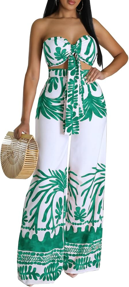 Casual Two Piece Sets for Women Elegant Off the Shoulder Tube Top Long Straight Pants Vacation Ou... | Amazon (US)