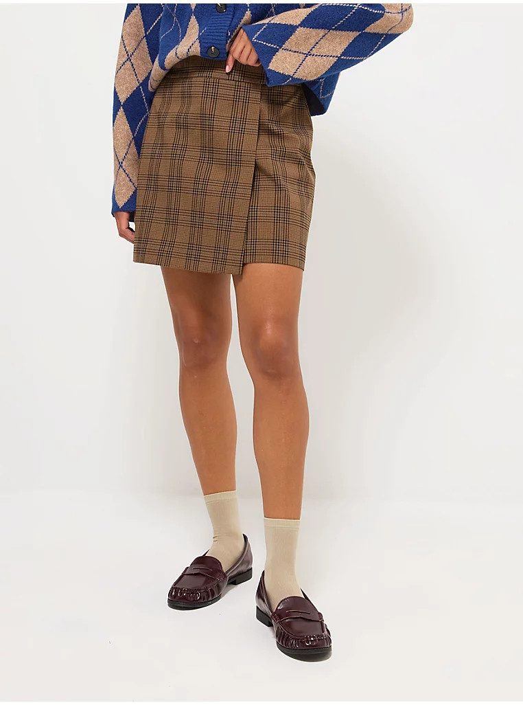 Tan Check Wrap Over Mini Skirt | George