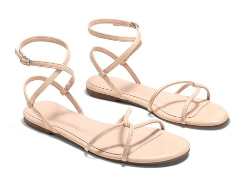 Coutgo Womens Flat Sandals Strappy Open Toe Cross Lace Up Ankle Strap Summer Dressy Beach Shoes | Amazon (US)