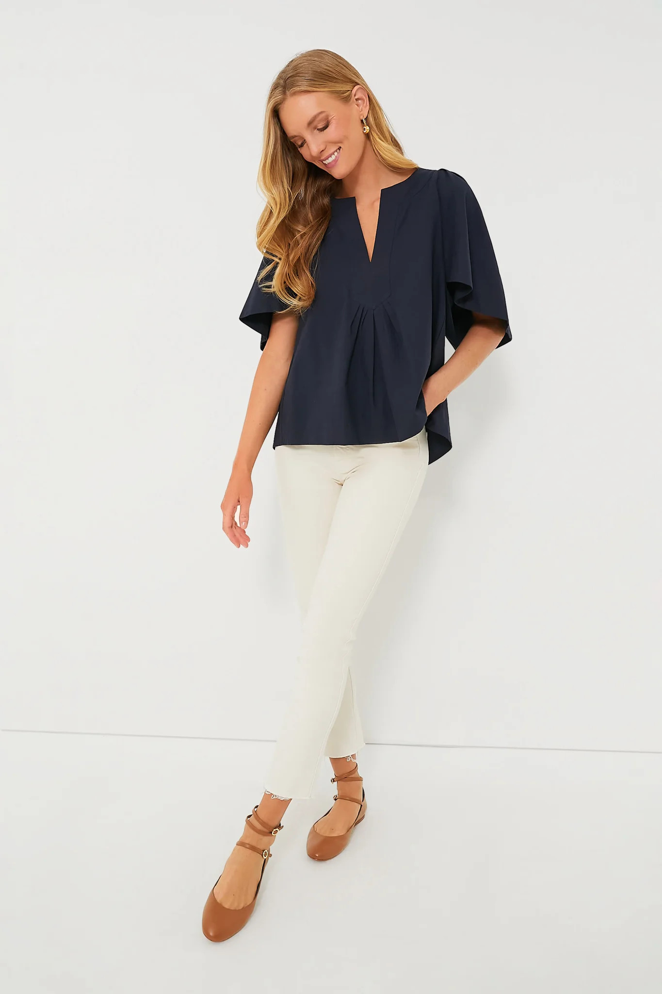 Navy Finley Flutter Sleeve Top | Tuckernuck (US)