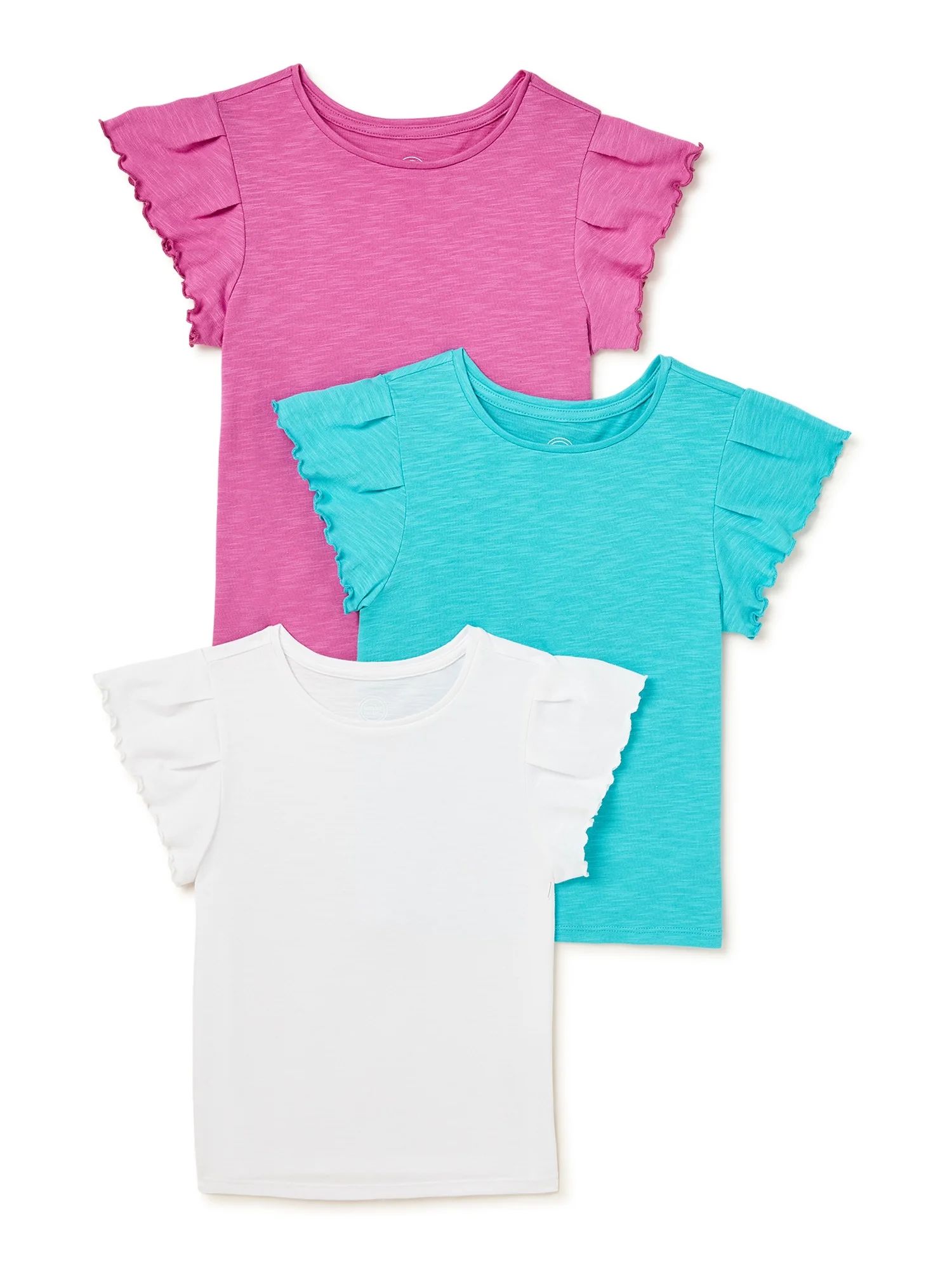 Wonder Nation Girls Ruffle Sleeve Kid Tough Slub T-Shirts, 3-Pack, Sizes 4-18 & Plus - Walmart.co... | Walmart (US)