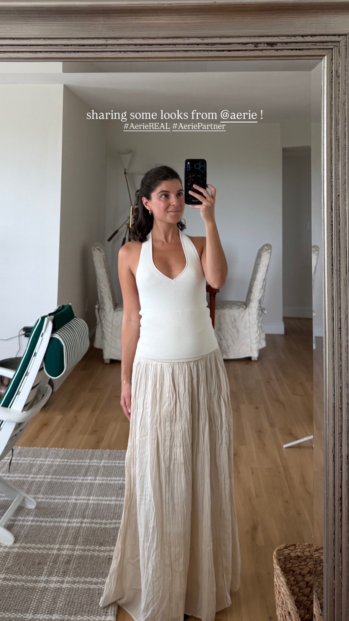 full outfit is from @Aerie | top is so comfortable and the skirt is a convertible dress and skirt. Wearing small in both! ✨ It is also stackable with other promos on the website! 16 weeks pregnant here
