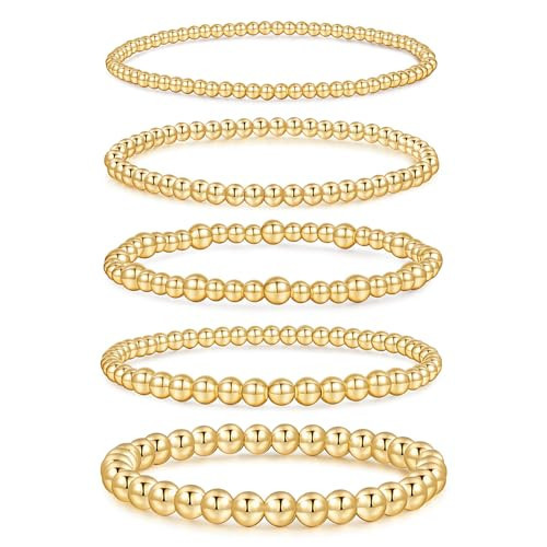 VEEDOFA Gold Bracelets for Women, Hypoallergenic 14K Gold Beaded Bracelets, Gold Stretch Beaded Bracelet Set Gifts for Women | Amazon (US)