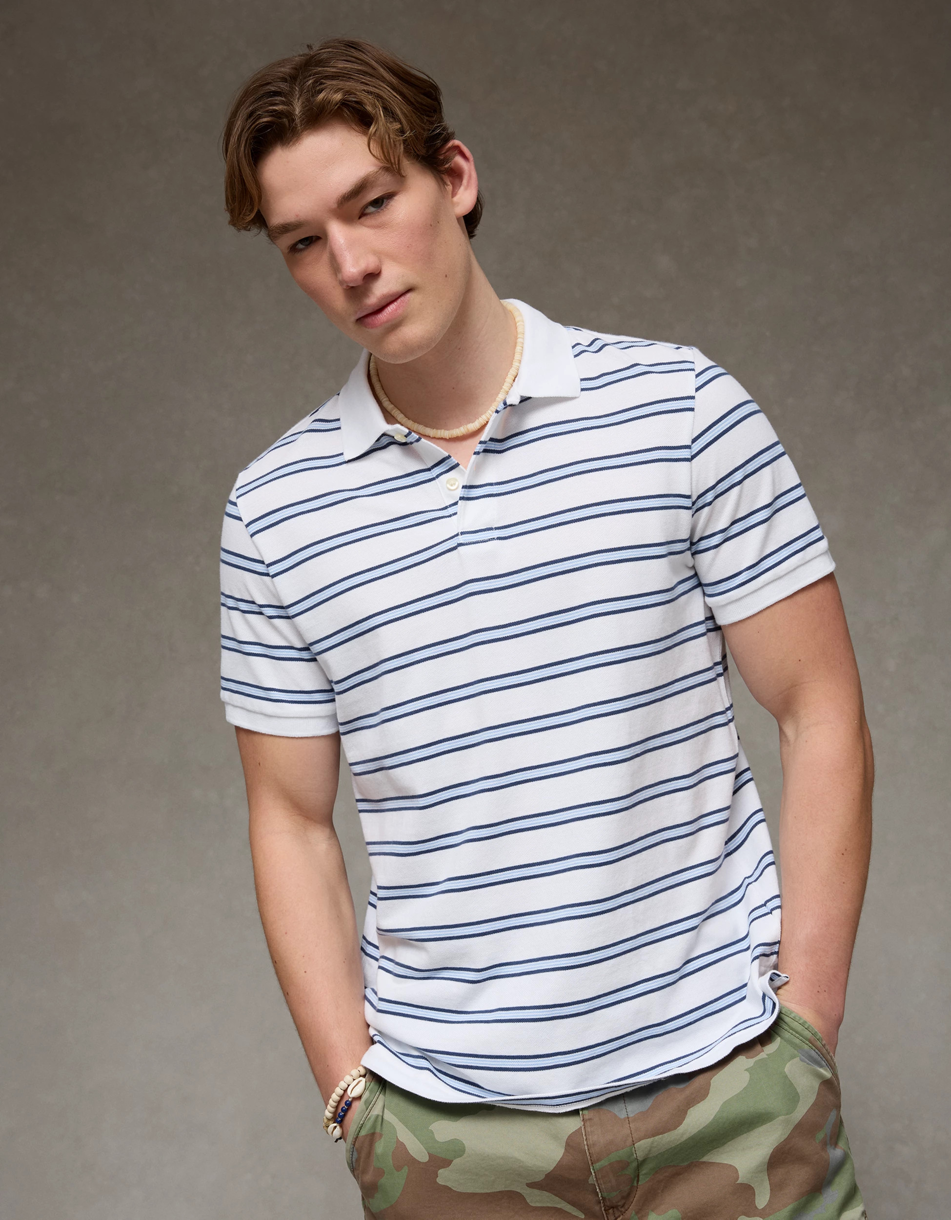 AE Standard Fit Lived-In Pique Polo Shirt | American Eagle Outfitters (US & CA)