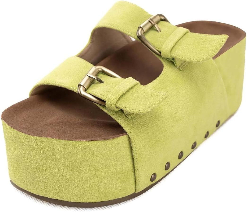 Womens Buckle Strap Mules Platform Slippers Chunky Mid Heel Sandals Round Toe Slip On Shoes Party... | Amazon (US)