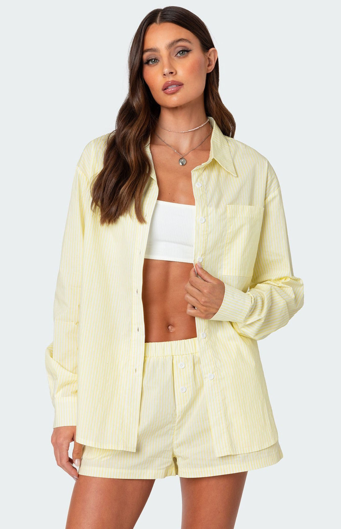 Edikted Women's Oversized Pinstripe Button Up Shirt in Yellow - Size Large | PacSun