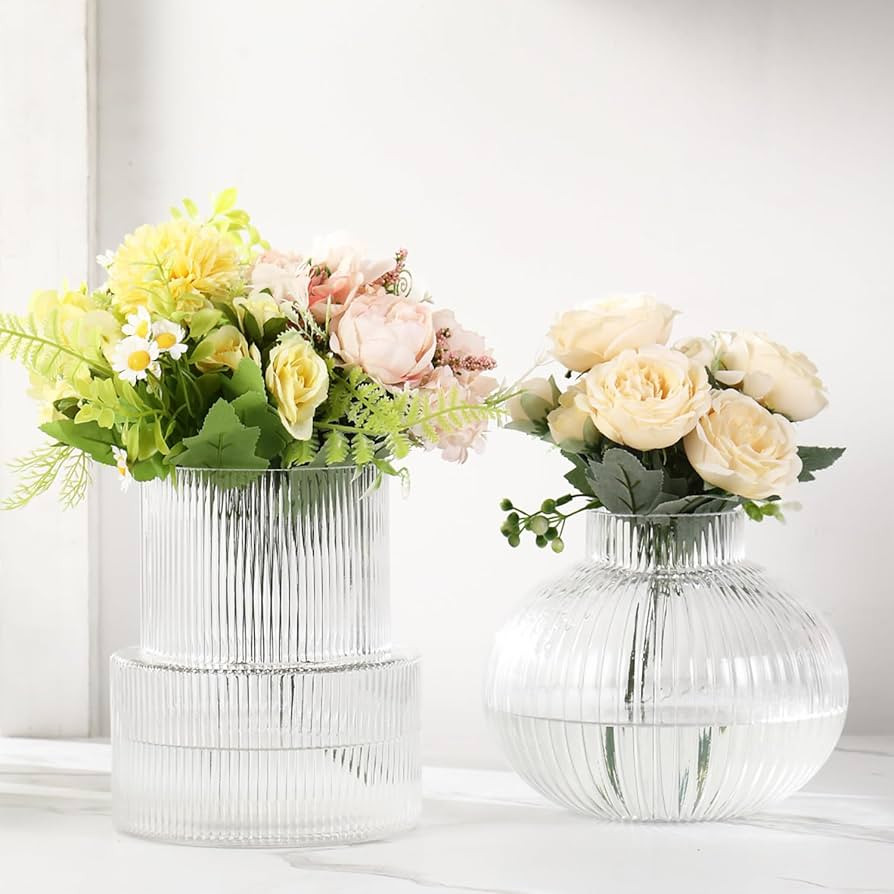 Ribbed Glass Vases, Set of 2 Fluted Vases for Flowers, Clear Glass Vase for Tulips, Modern Vase f... | Amazon (US)