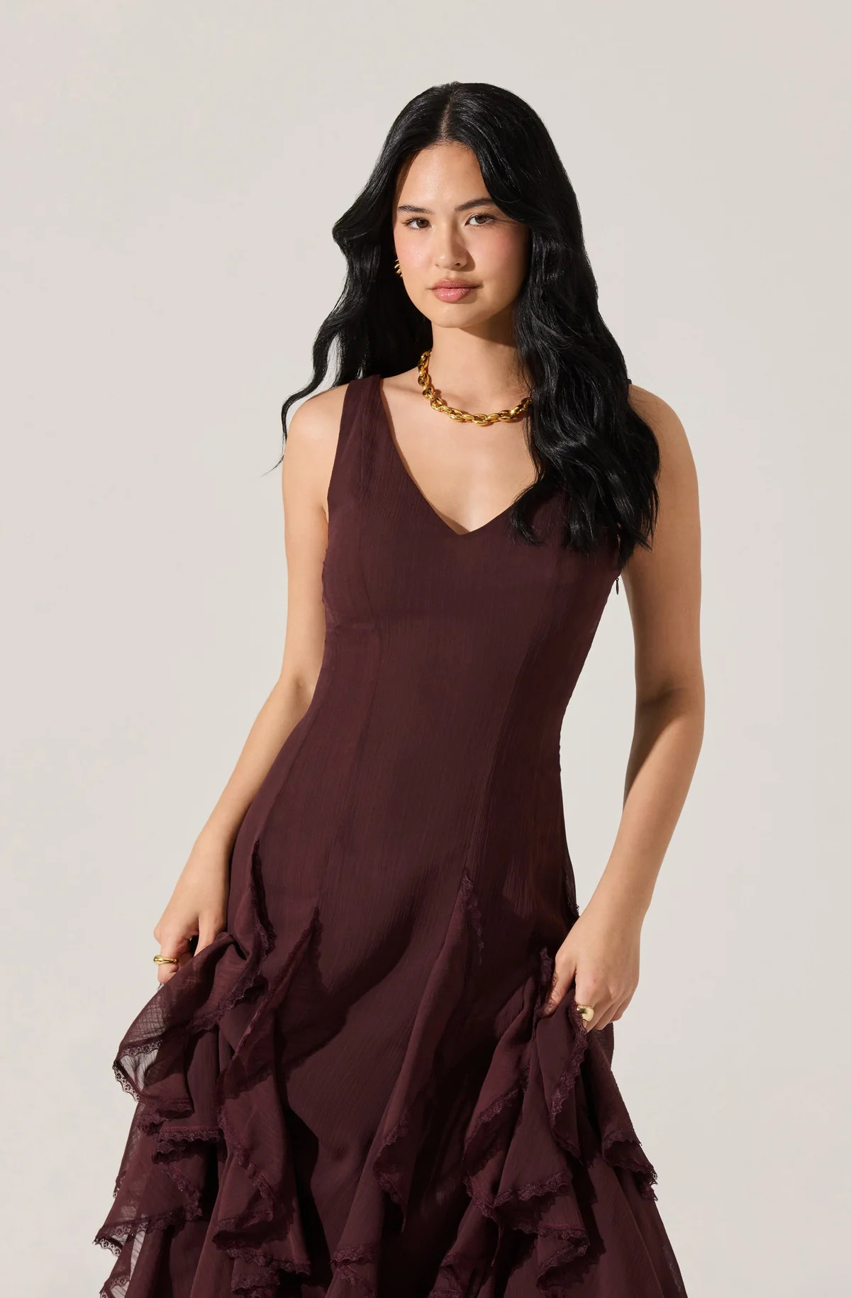 Philomene V-Neck Ruffle Trim Dress - Eggplant / XS | ASTR The Label (US)
