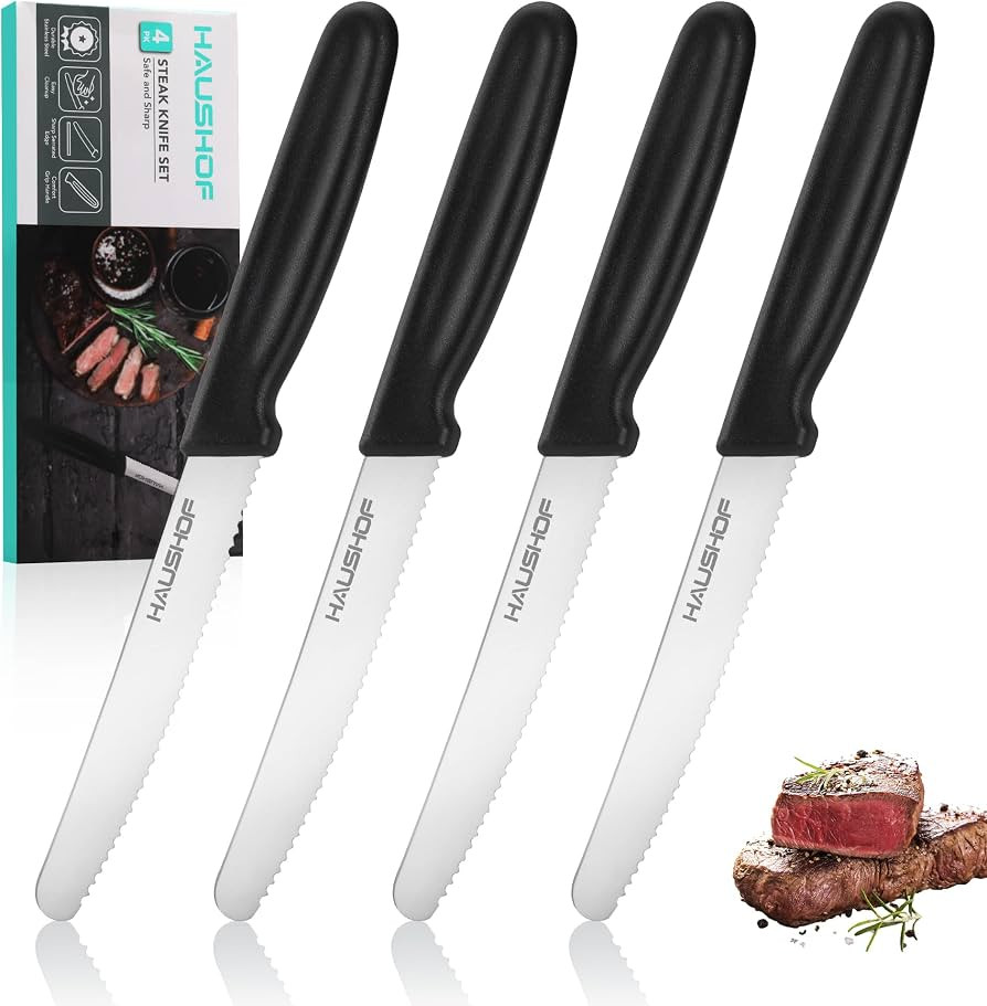 HAUSHOF Steak Knives Set of 4, Sharp Serrated Steak Knives, Premium Stainless Steel Steak Knife S... | Amazon (US)