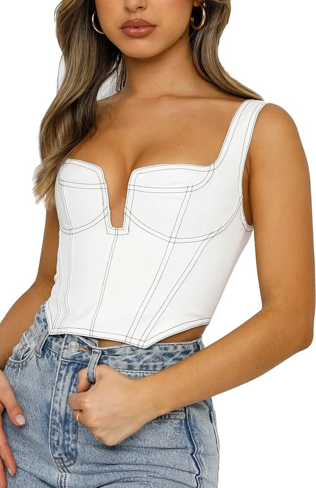 Deep V Neck Sleeveless Corset Corp Top Bustier Y2K Denim Zip Back Coconut Girl Cottagecore Aesthe... | Amazon (US)