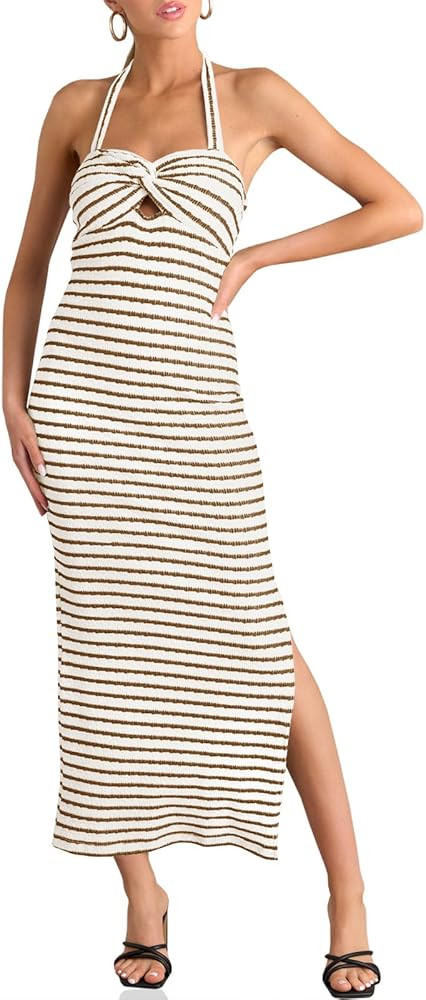 Wenrine Womens Summer Striped Halter Neck Dress Sexy Twist Front Cut Out High Split Casual Sleeve... | Amazon (US)