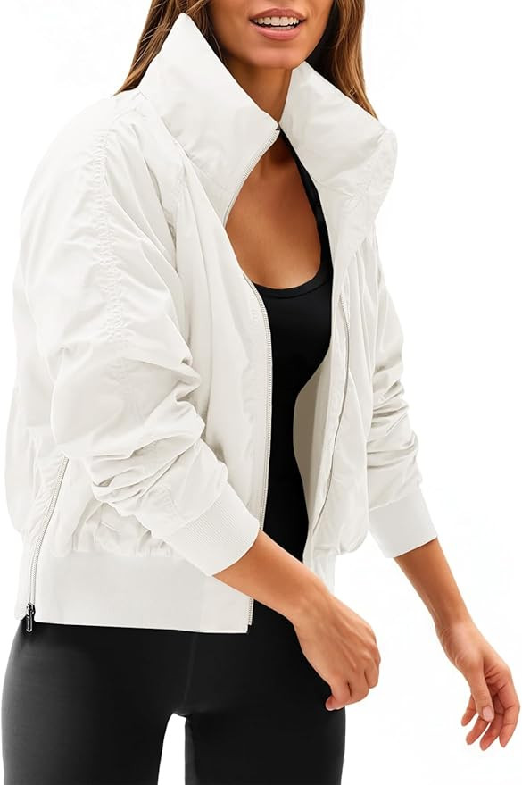 Fisoew Womens Windbreaker Crop Jackets Long Sleeve Zip Up Hidden Hooded Winter Bomber Jacket with... | Amazon (US)