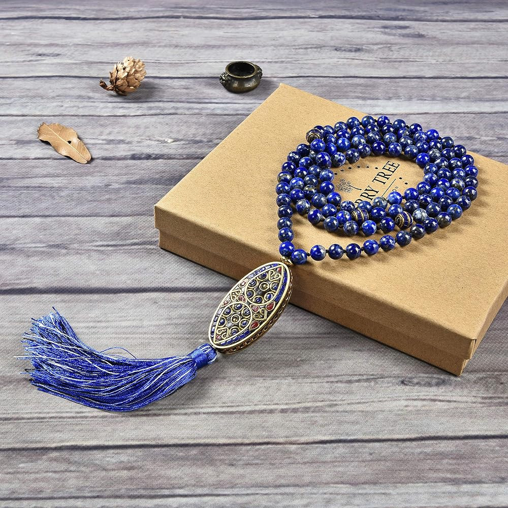 Cherry Tree Collection Mala Necklace | 108 Hand-Knotted 8mm Gemstone Round Beads, Tibetan Guru an... | Amazon (US)