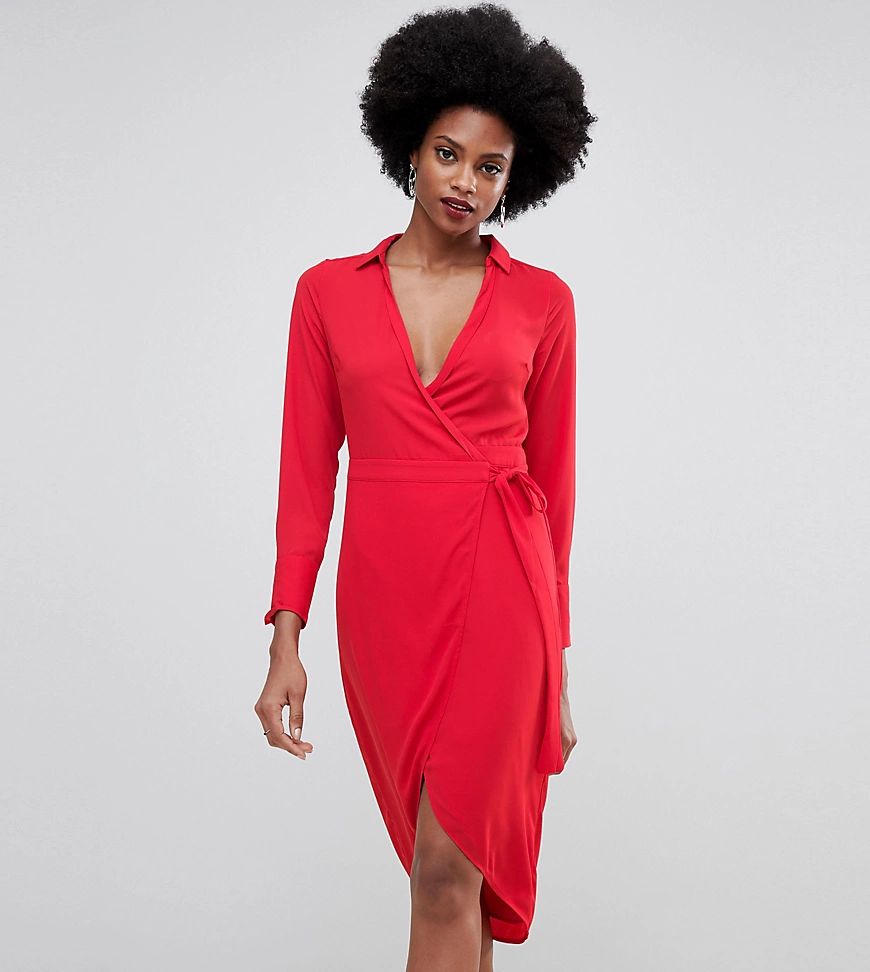 Oasis wrap front midi dress with tie detail in red | ASOS (Global)