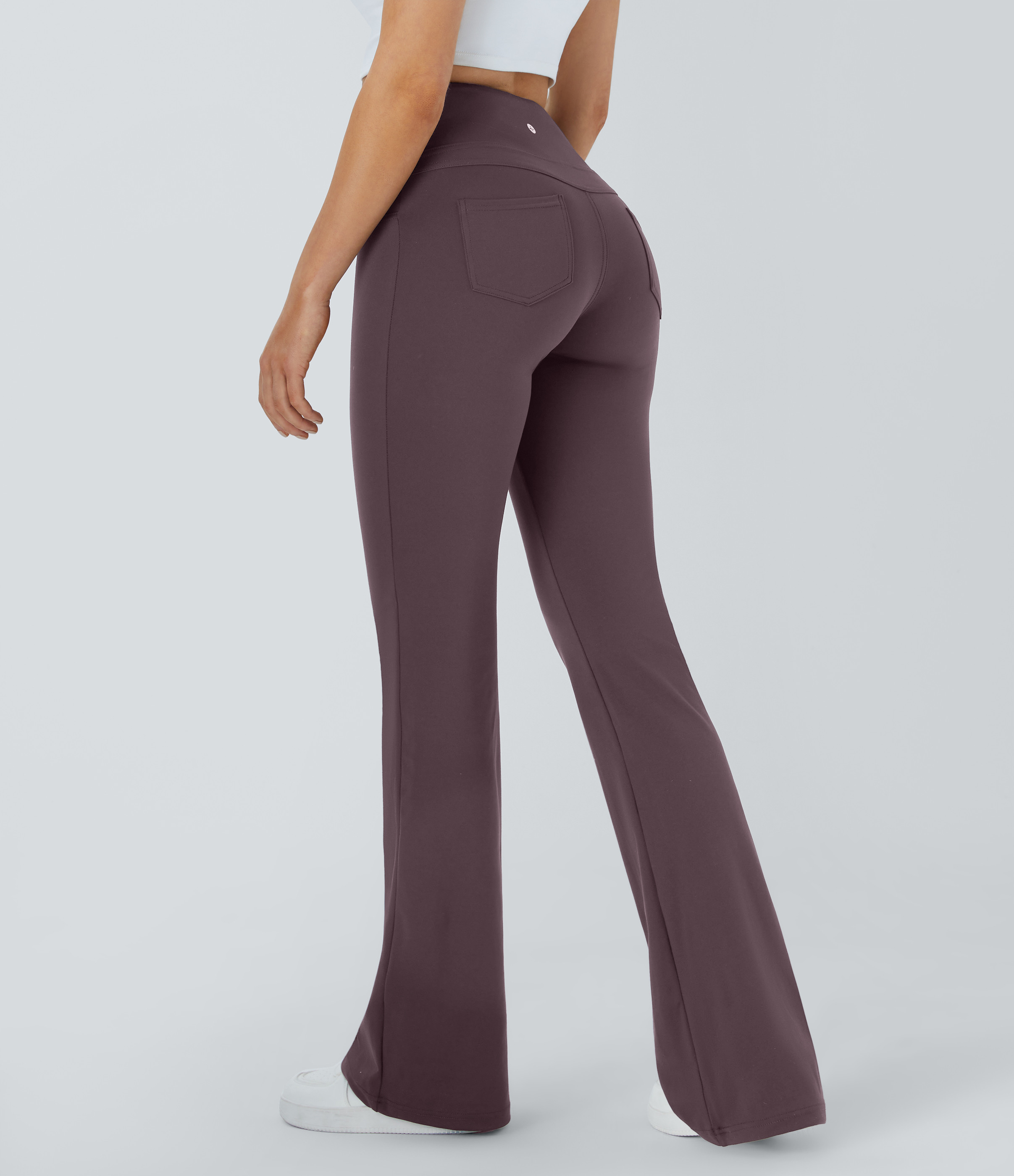 Halara High Waisted Pocket Flare Yoga Leggings - Dusky Evening purple - L(petite) gym leggings leggings with pockets leggings with butt lift | HALARA