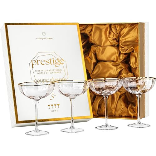 Small 5 oz Octagonal Prestige Coupe Glasses with Gold Rims for Cocktails and Champagne | Set of 4 | Crystal Angled Long Stemmed Glassware for Espresso Martini, Daiquiri, Gimlet, Cosmopolitan | Amazon (US)
