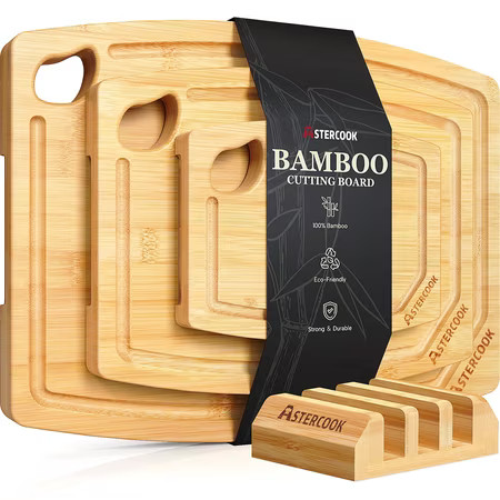 Astercook 4-Piece Bamboo Cutting Board Set with Holder, Natural Wood Cutting Boards with Juice Grooves and Easy-Grip Handles, Kitchen Chopping Boards for Prep and Serving | Walmart (US)