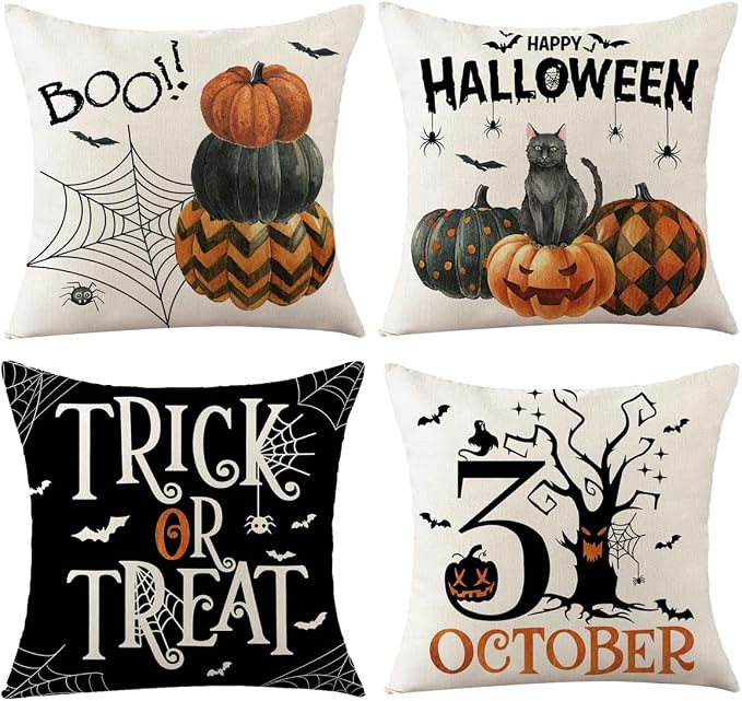 Halloween Pillow Covers, 18x18inch Set of 4 Linen Halloween Throw Pillow Case Trick or Treat, Hal... | Amazon (CA)