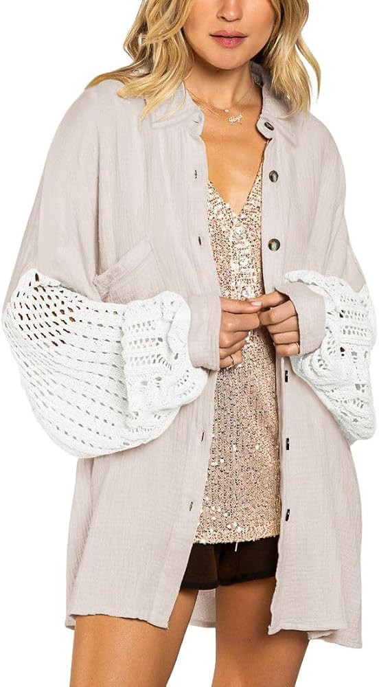 chouyatou Women's Crochet Eyelet Lantern Sleeve Button Down Color Block Boho Oversized Shirt Blou... | Amazon (US)