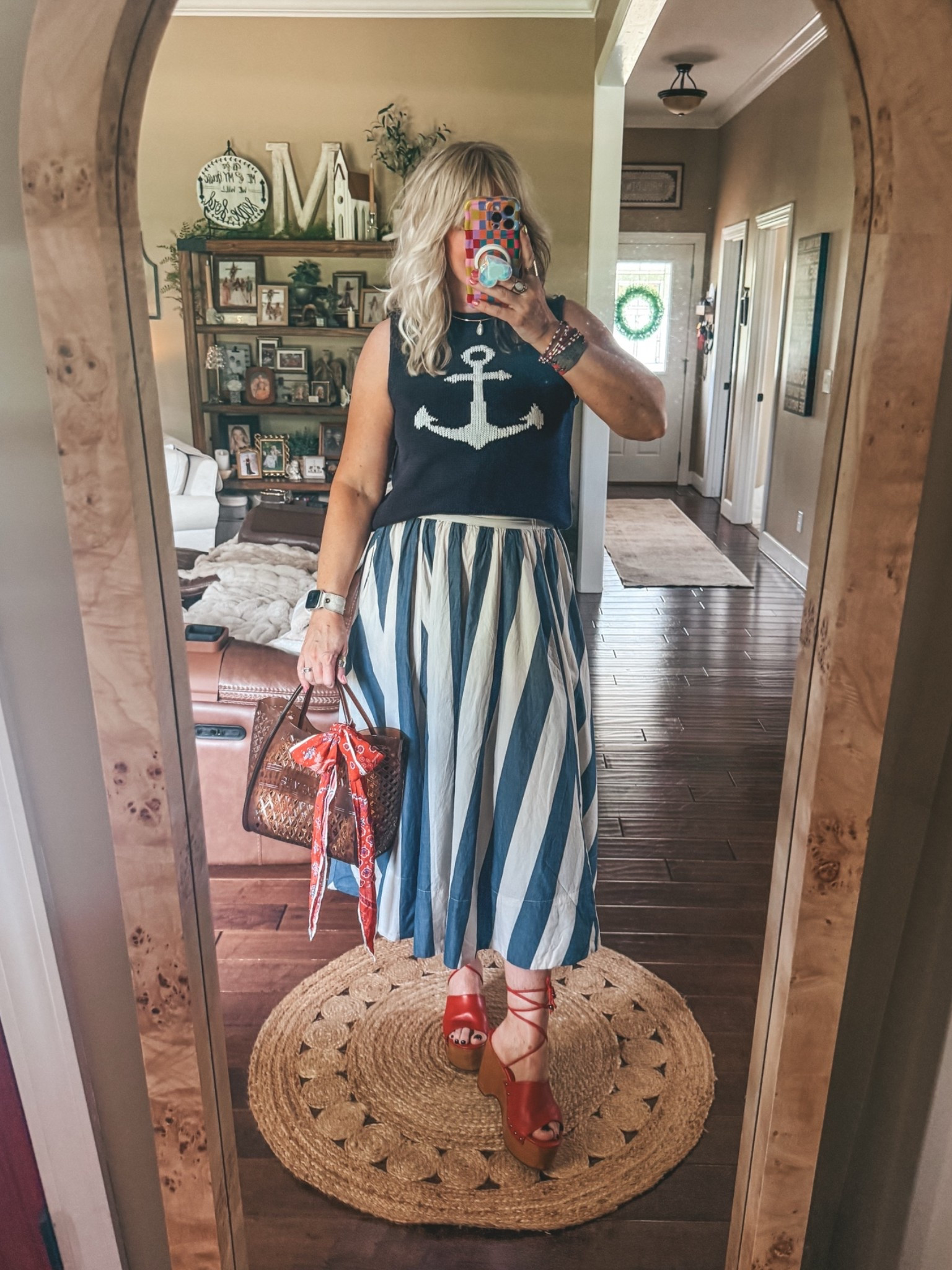 Wearing a medium in skirt and sweater. This skirt also comes in more striped colors plus solids. It’s so good!! 
Sandals are true to size.

#LTKootd #LTKOver40