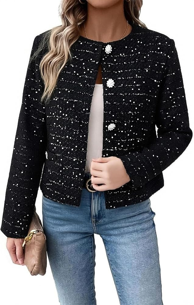 Women's Short Tweed Blazer Casual Fashion Round Neck Sparkly Jacket | Amazon (US)