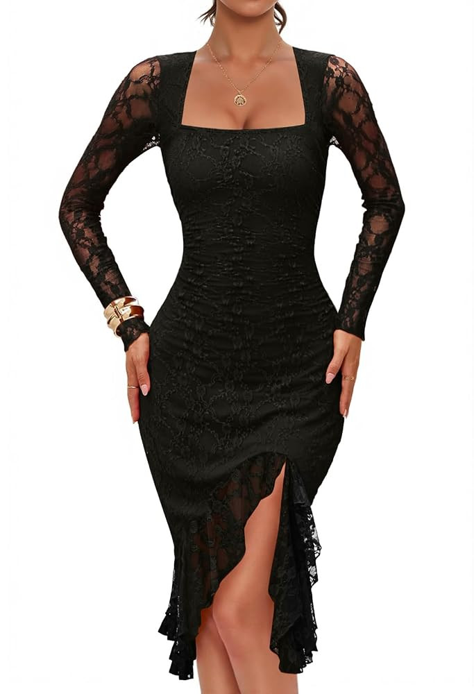 MEROKEETY Women's Long Sleeve Bodycon Lace Dress Square Neck Ruched Ruffle Hem Sexy Wedding Guest... | Amazon (US)