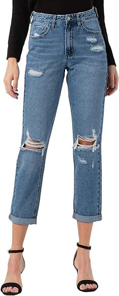 VERVET by Flying Monkey Women's Rolled Up Distressed Mom Jeans | Amazon (US)