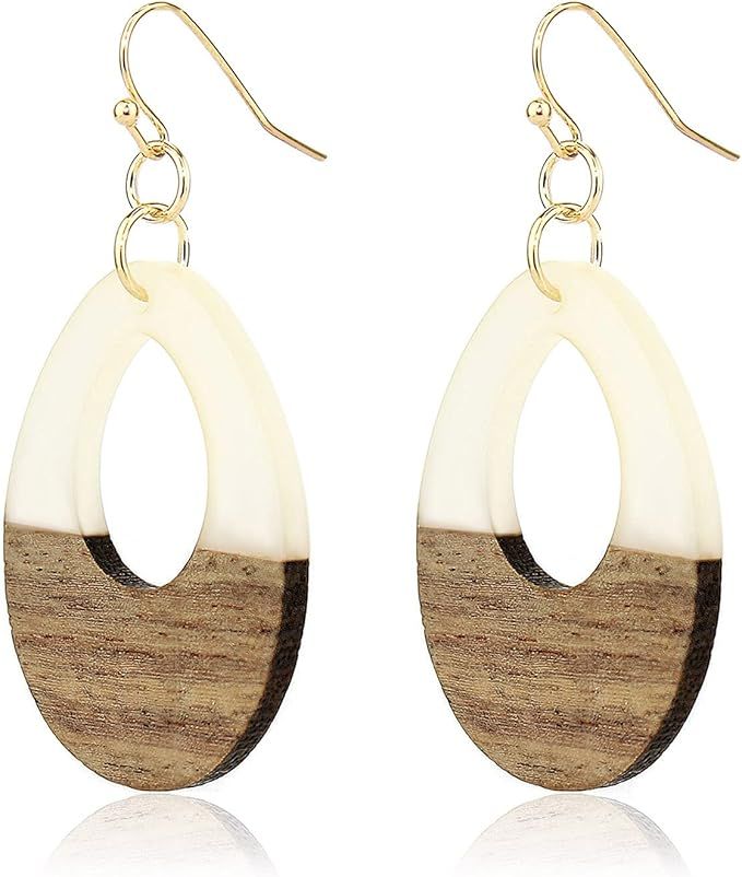 Pomina Lightweight Geometric Colored Resin Wood Dangle Drop Earrings Colorful Two Tone Teardrop E... | Amazon (US)