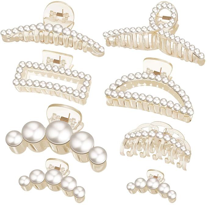 8 Pieces Large Pearl Hair Claw Clips Set Hair Catch Barrette Jaw Clamp Fake Pearl Hair Clip Clamp... | Amazon (US)