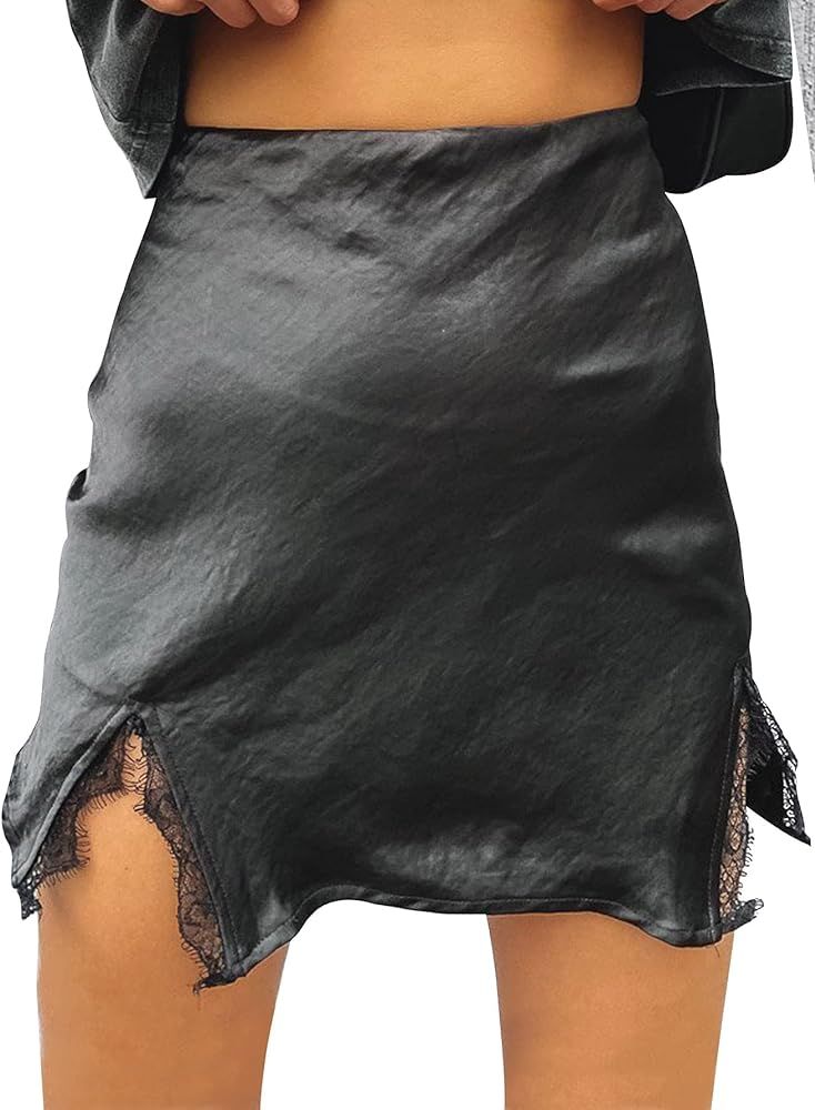 Women's Satin Lace Trim Split Slit Hem Zipper High Wasit Mini Short Skirt | Amazon (US)