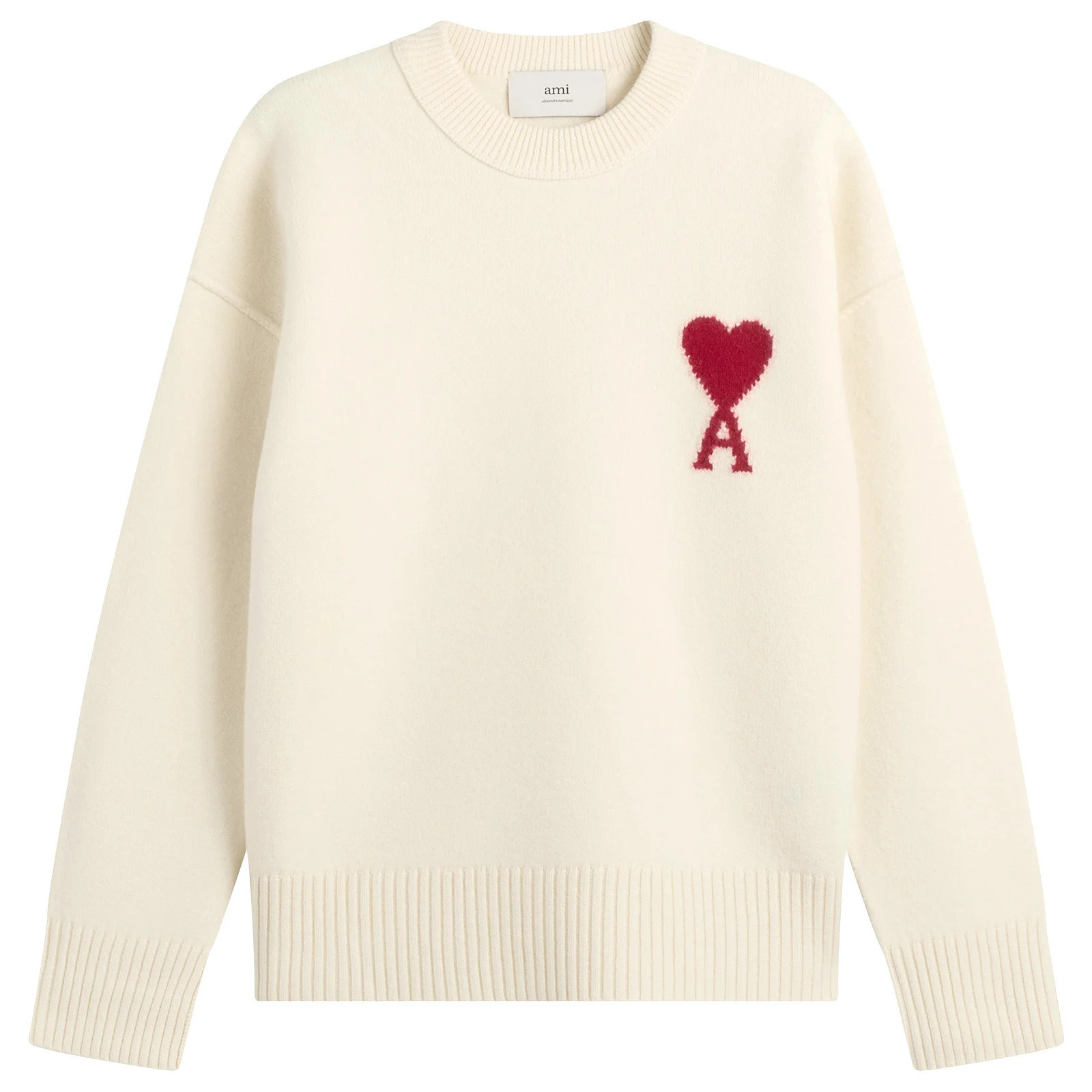 AMI Paris Men's Crewneck Sweater With Contrasted Ami De Coeur in Ecru/Rouge, Size Medium | END. Clothing