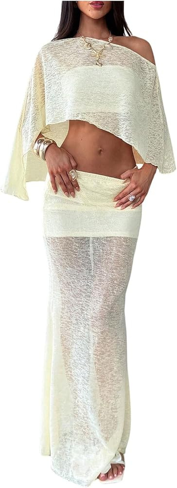 Milumia Women's 2 Piece Vacation Outfits Poncho Cape Top Maxi Skirt Sets | Amazon (US)