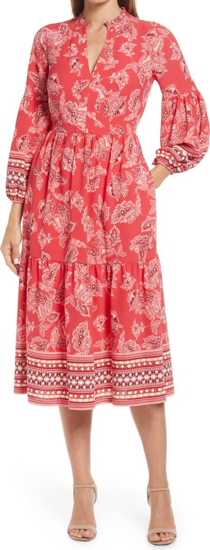 Pebble Crepe Ruffle Neck Long Sleeve Midi Dress | Nordstrom | Nordstrom