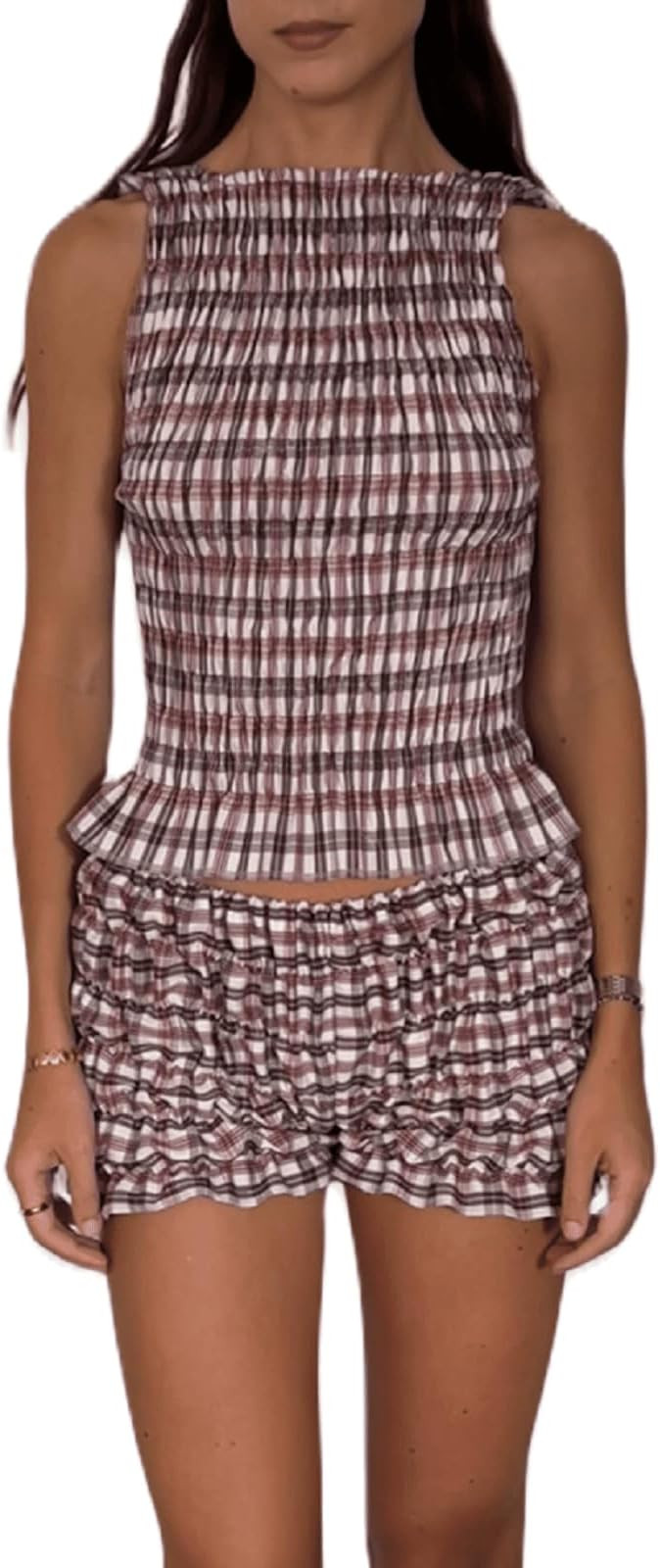 Argeousgor Women Y2K Smocked Shorts Set Tiered Ruched Shirred Tank Top Ruffle Frill Bloomer Pleat... | Amazon (US)