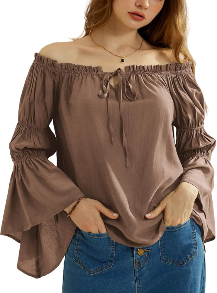 Scarlet Darkness Women Renaissance Shirt Off Shoulder Bell Sleeve Ruffle Casual Loose Peasant Top... | Amazon (US)
