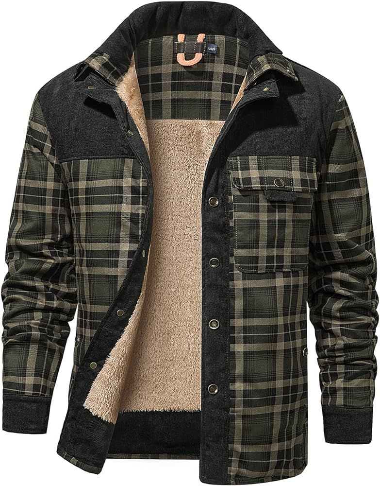 Haellun Men's Long Sleeve Sherpa Lined Shirt Jacket Flannel Plaid Fleece Coats  | Amazon (US)