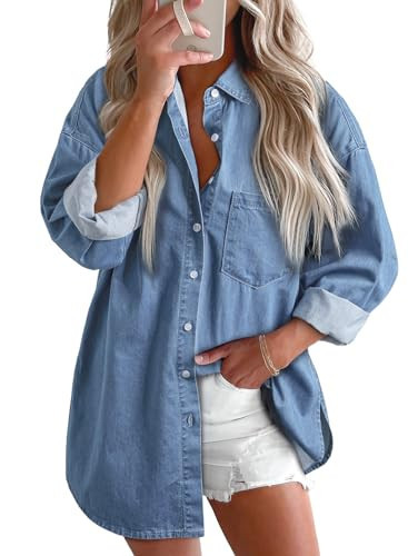 Astylish Women Denim Blouses Chambray Boyfriend Shirts V Neck Elegant Long Sleeve Basic Button Down Top Beau Blue Large | Amazon (US)