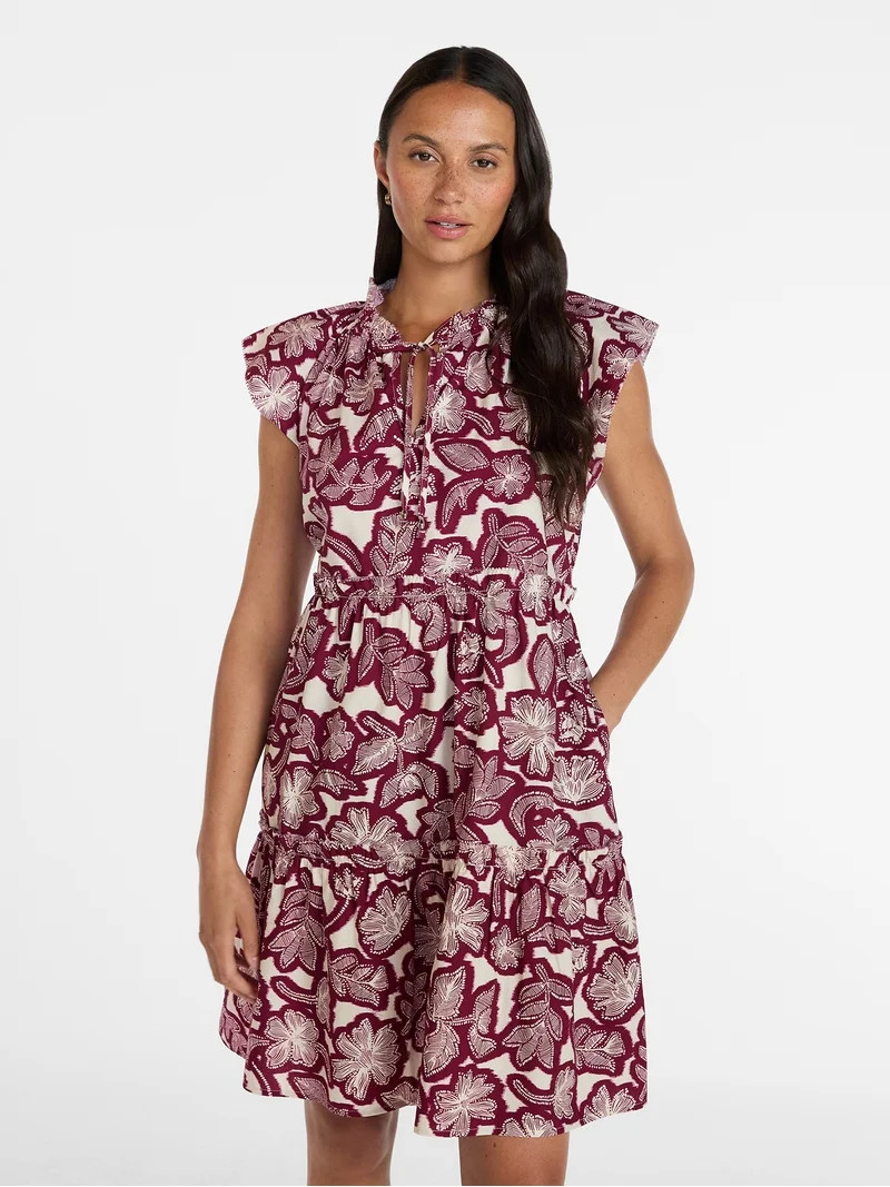 Time and Tru Women's and Women's Plus Tiered Cotton Mini Dress with Flutter Sleeves, Sizes XS-4X | Walmart (US)