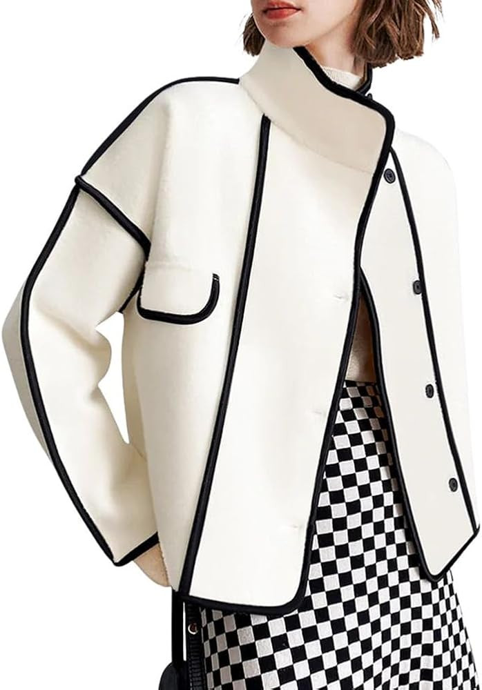 chouyatou Women's Winter Stand Collar Button Down Wool Coat Casual Loose Short Wool Jacket | Amazon (US)